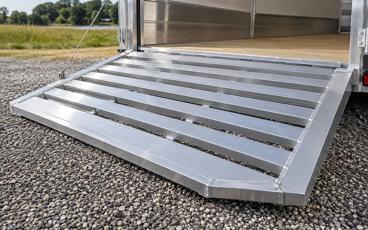 Fresh welds on an aluminum utility trailer ramp