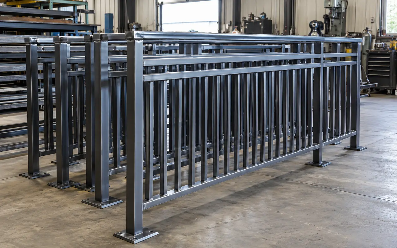 Fabricated steel railing sections arranged in a shop