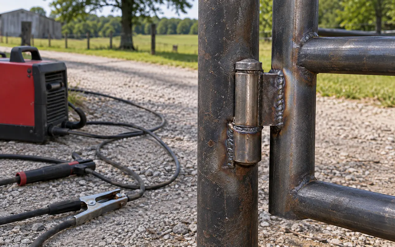 Portable welder and repaired steel hinge on a gravel drive