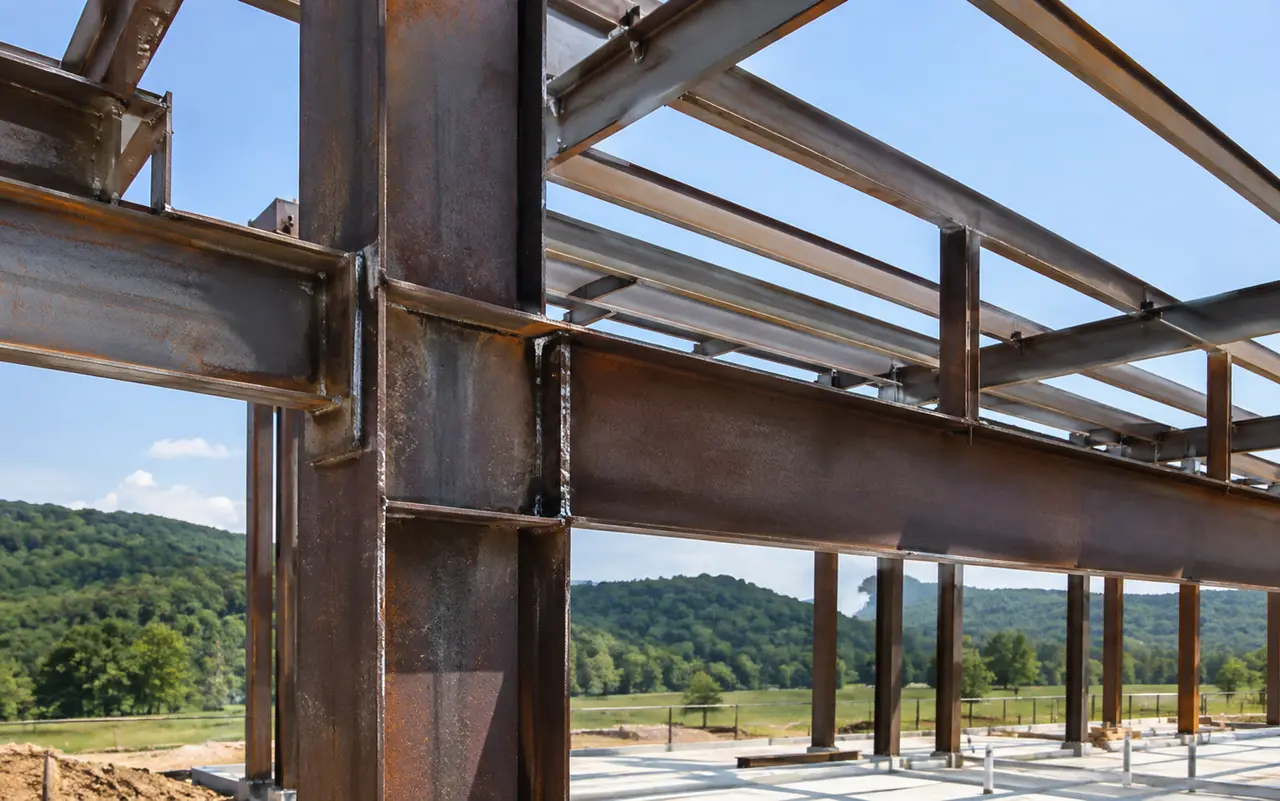 Welded structural steel beams on a barn project