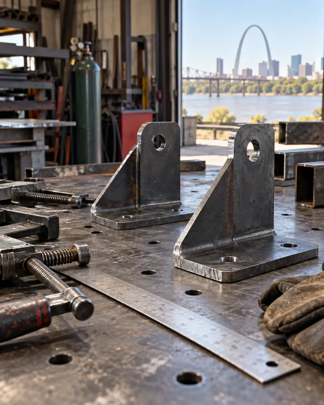 Measured steel brackets and clamps ready for fitting