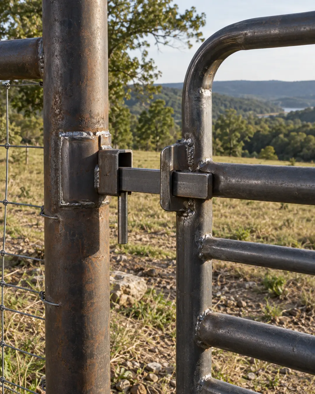 Fresh weld at a steel farm gate latch